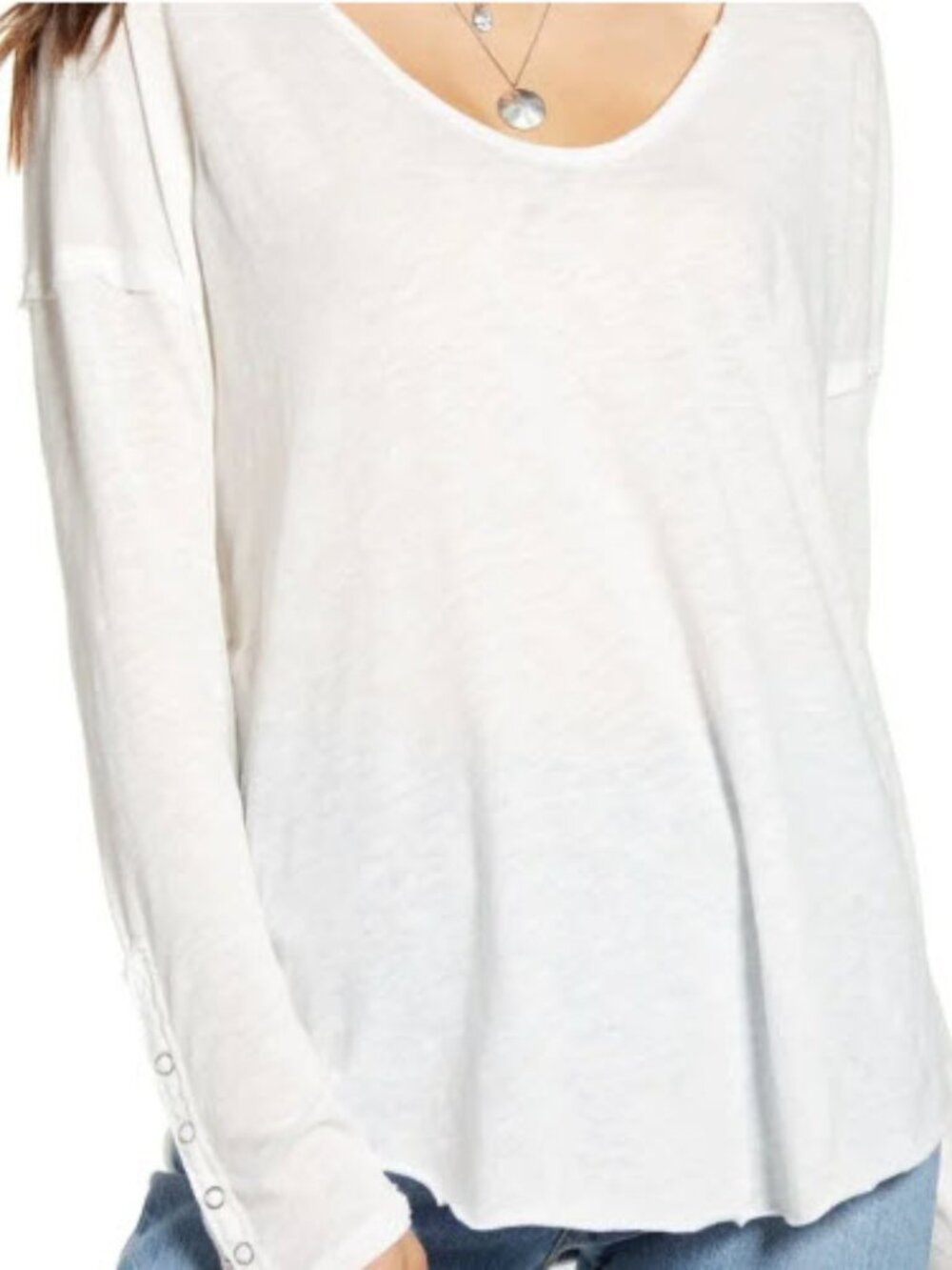 Free People White Slub Knit Long Sleeve Scoop Tee